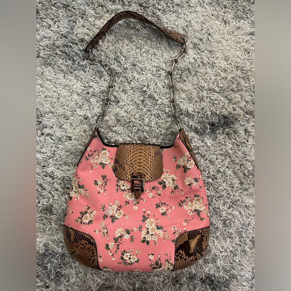 Michael Kors Floral pink print calf leather, python trim shoulder bag w/dust bag